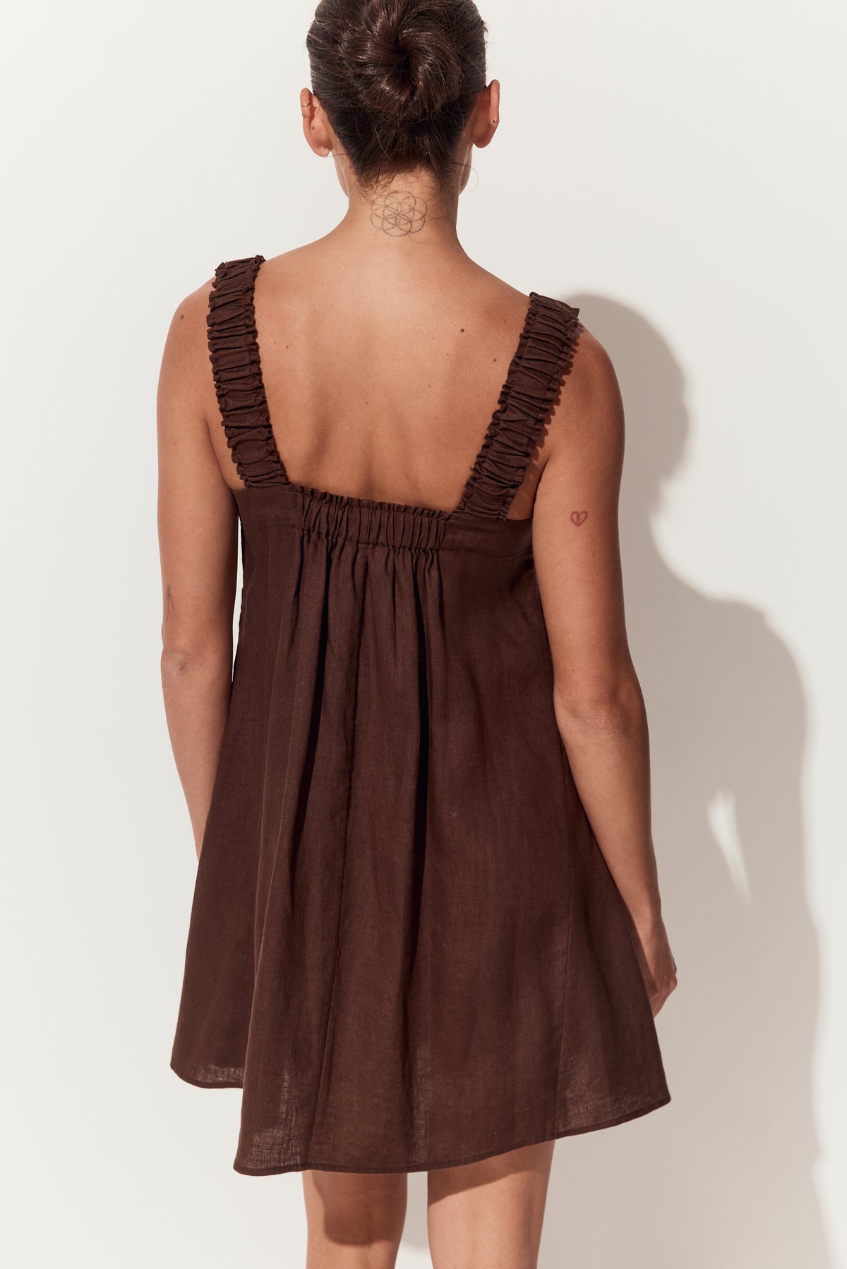 Zahra Linen Mini Dress in Chocolate - back close up of shoulder strap detail - Lilly Pilly Collection