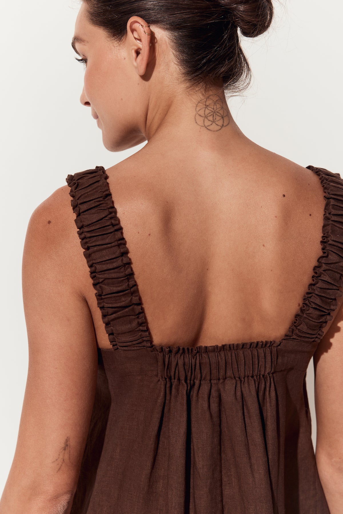 Zahra Linen Mini Dress in Chocolate - close up of shoulder strap detail - Lilly Pilly Collection