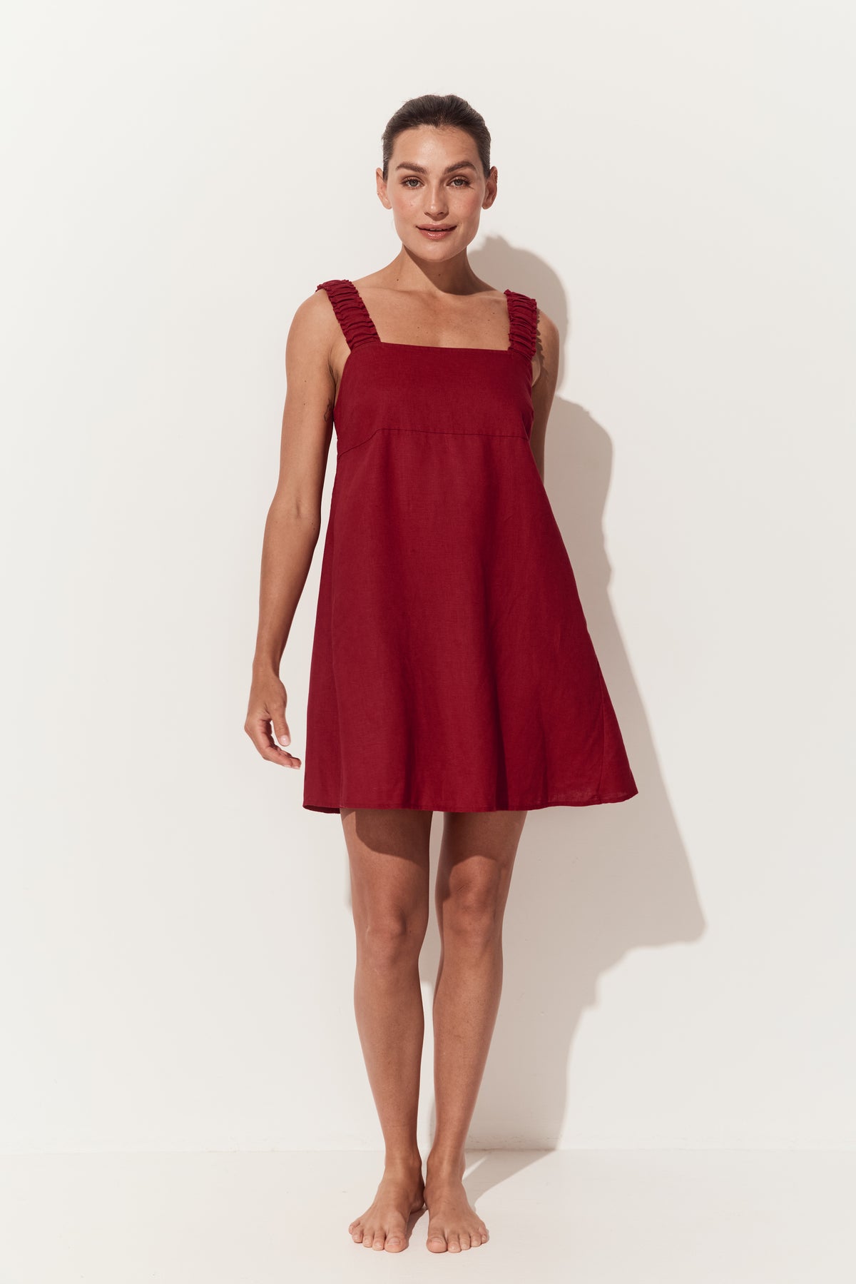 Zahra Linen Mini Dress in Cherry Red - full front view - Lilly Pilly Collection