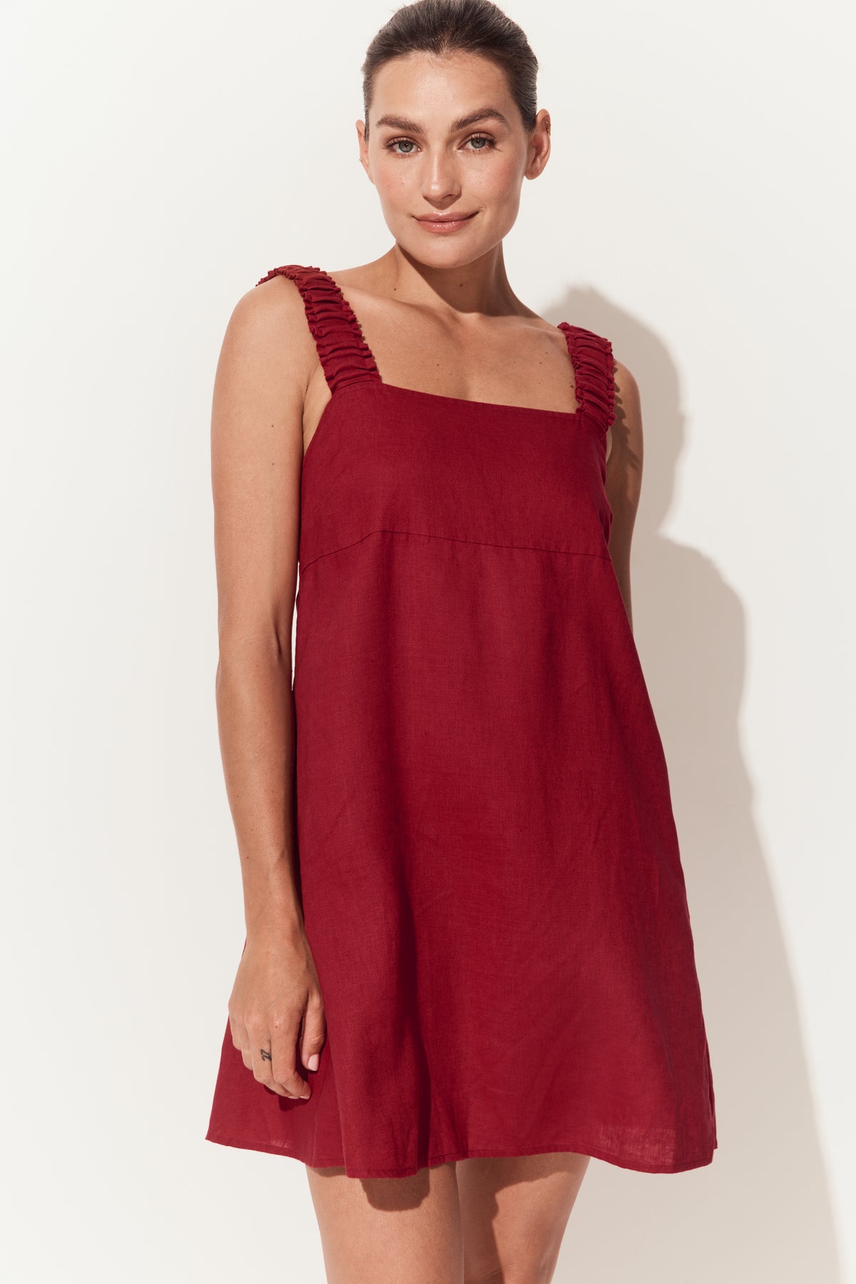 Zahra Linen Mini Dress in Cherry Red - front view with open back, ruched straps  - Lilly Pilly Collection