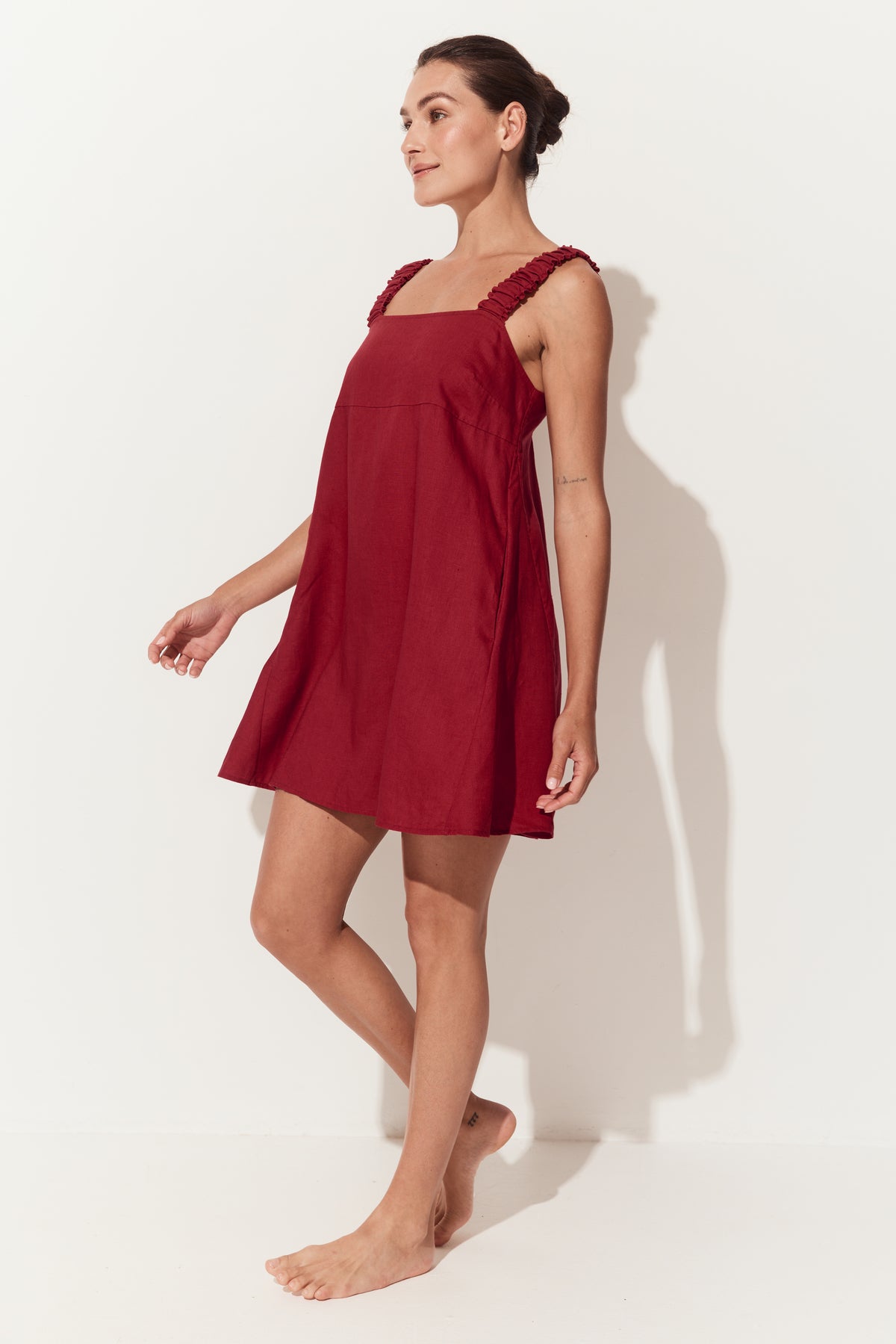 Zahra Linen Mini Dress in Cherry Red - three quarter front view - Lilly Pilly Collection