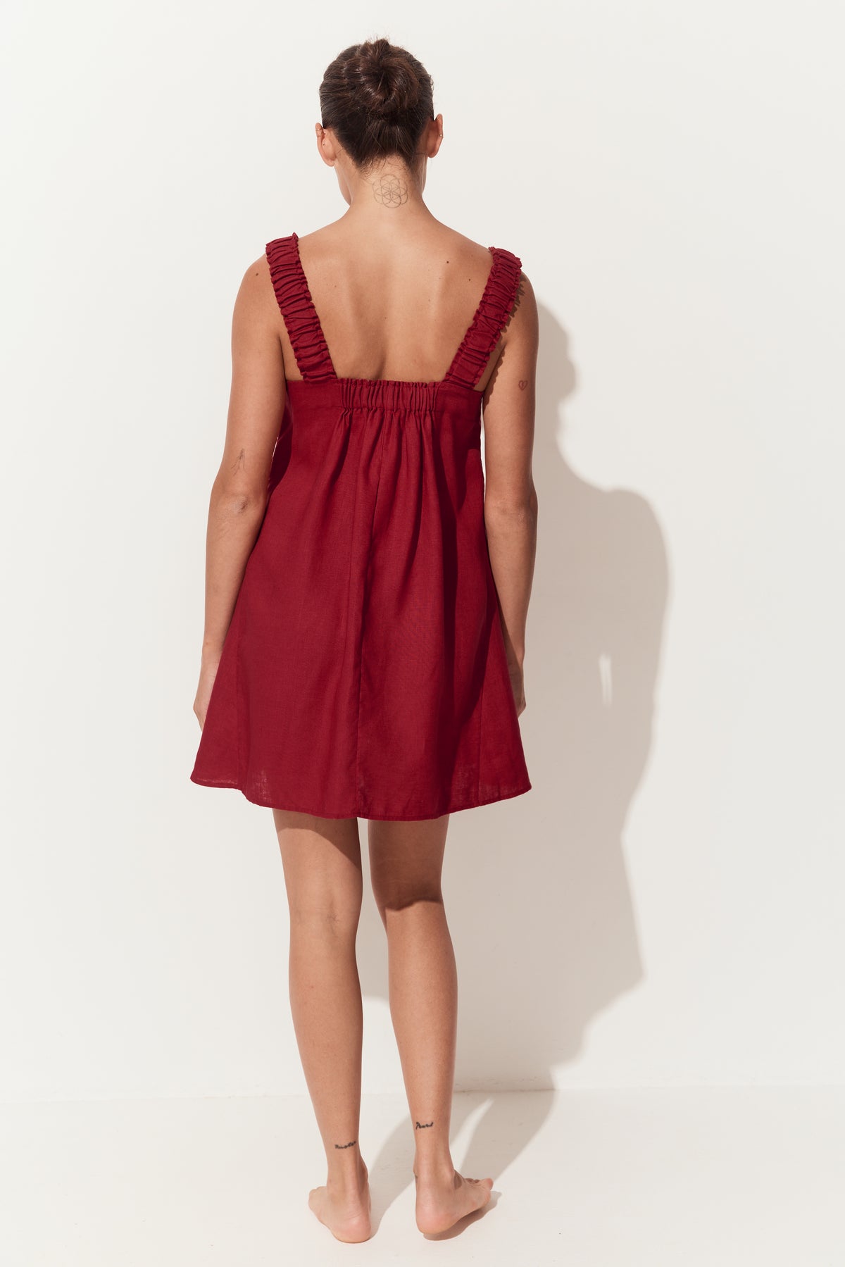Zahra Linen Mini Dress in Cherry Red - full back view - Lilly Pilly Collection