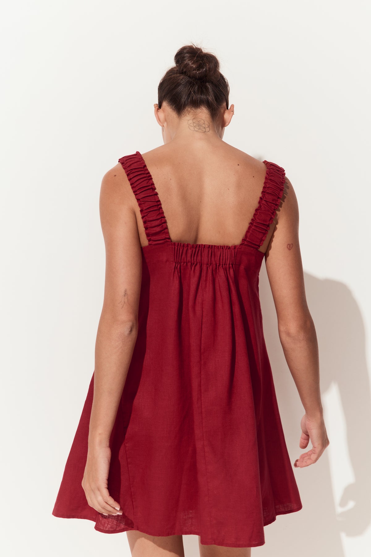 Zahra Linen Mini Dress in Cherry Red - close up back view showing detail - Lilly Pilly Collection