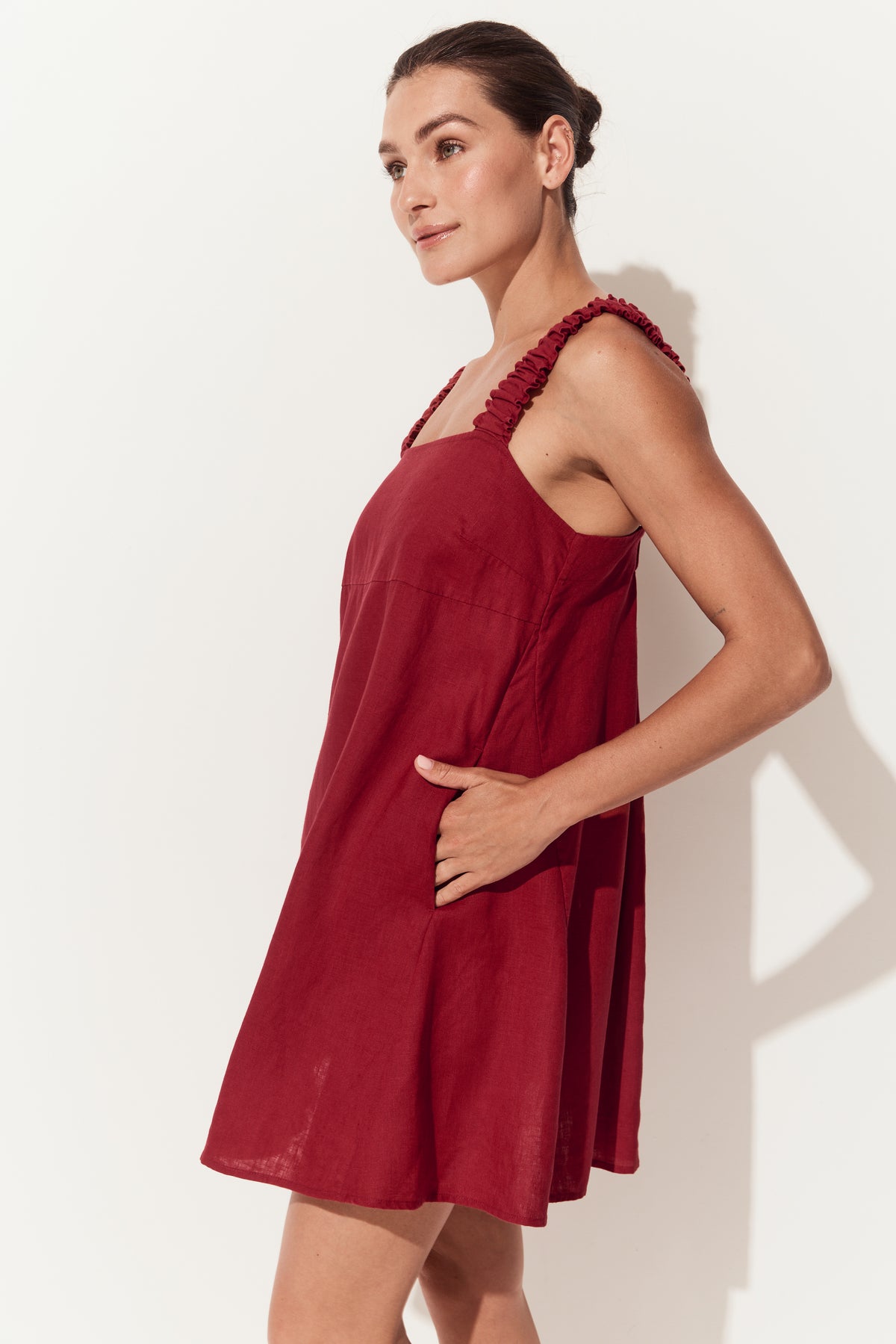 Zahra Linen Mini Dress in Cherry Red - close up side view - Lilly Pilly Collection