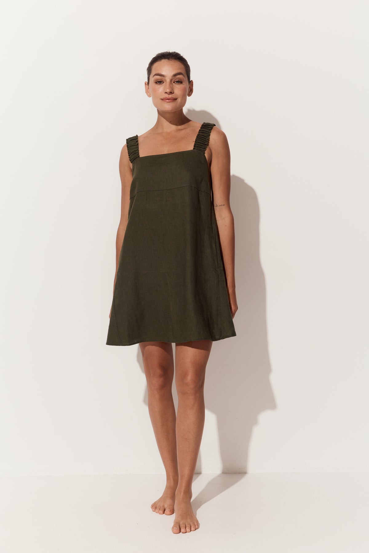 Zahra Linen Short Dress in Khaki - full front view with arms by side - Lilly Pilly Collection