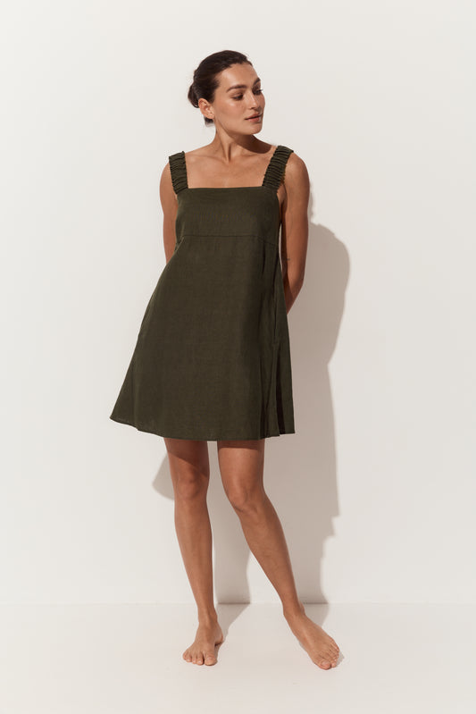 Zahra Linen Short Dress in Khaki - full front view - Lilly Pilly Collection