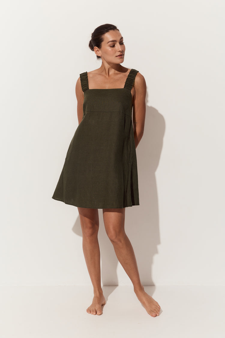 Zahra Linen Short Dress in Khaki - full front view - Lilly Pilly Collection