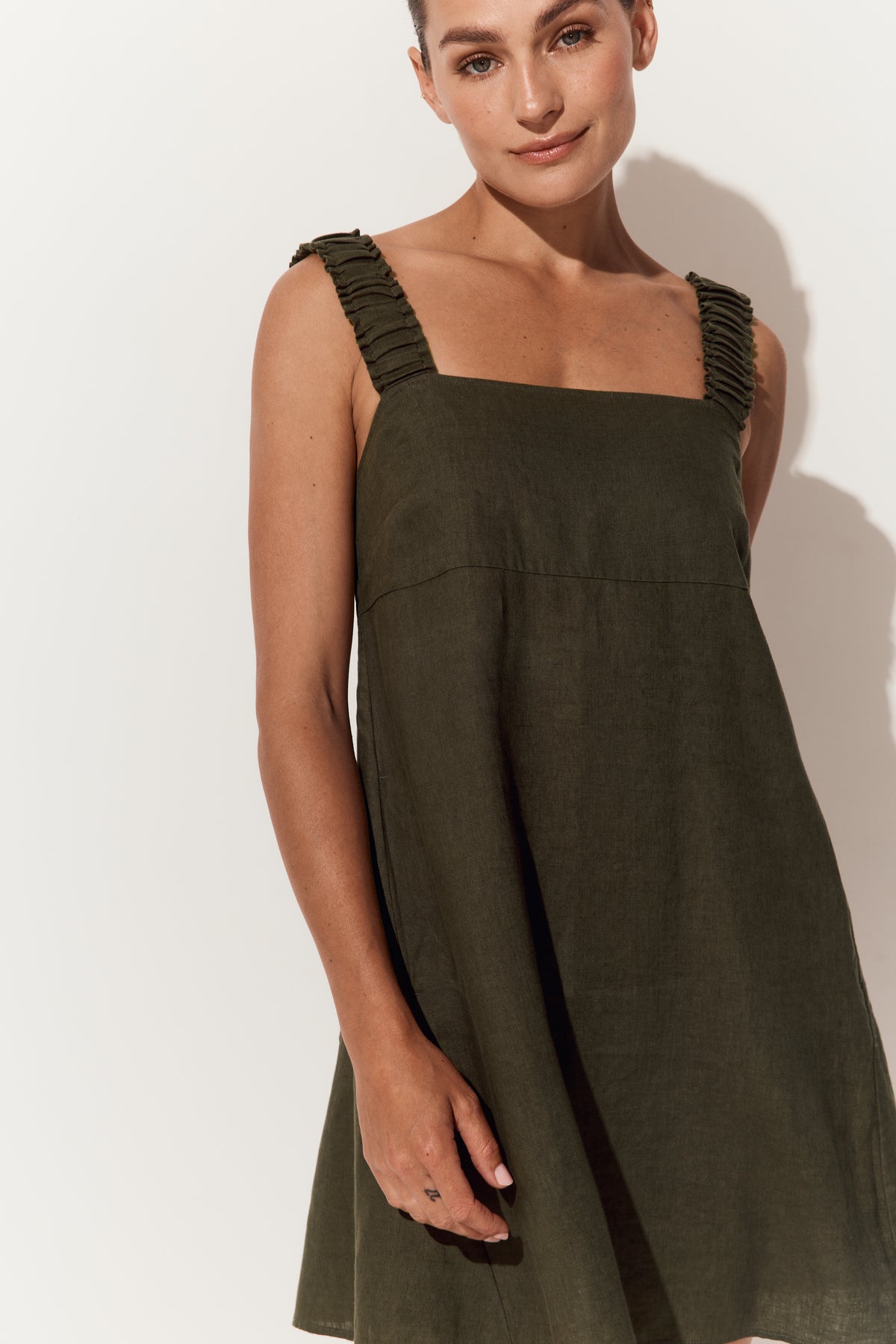 Zahra Linen Short Dress in Khaki - close up front view - Lilly Pilly Collection