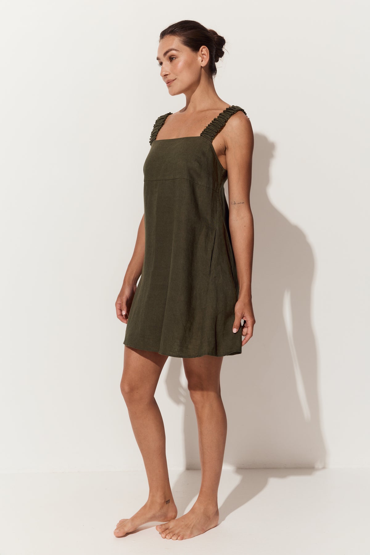 Zahra Linen Short Dress in Khaki - three quarter view - Lilly Pilly Collection
