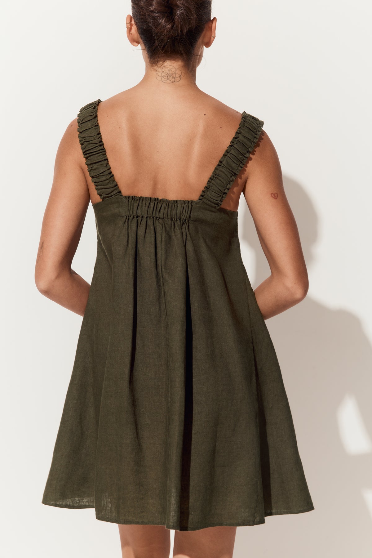 Zahra Linen Short Dress in Khaki - back view showing shoulder straps - Lilly Pilly Collection