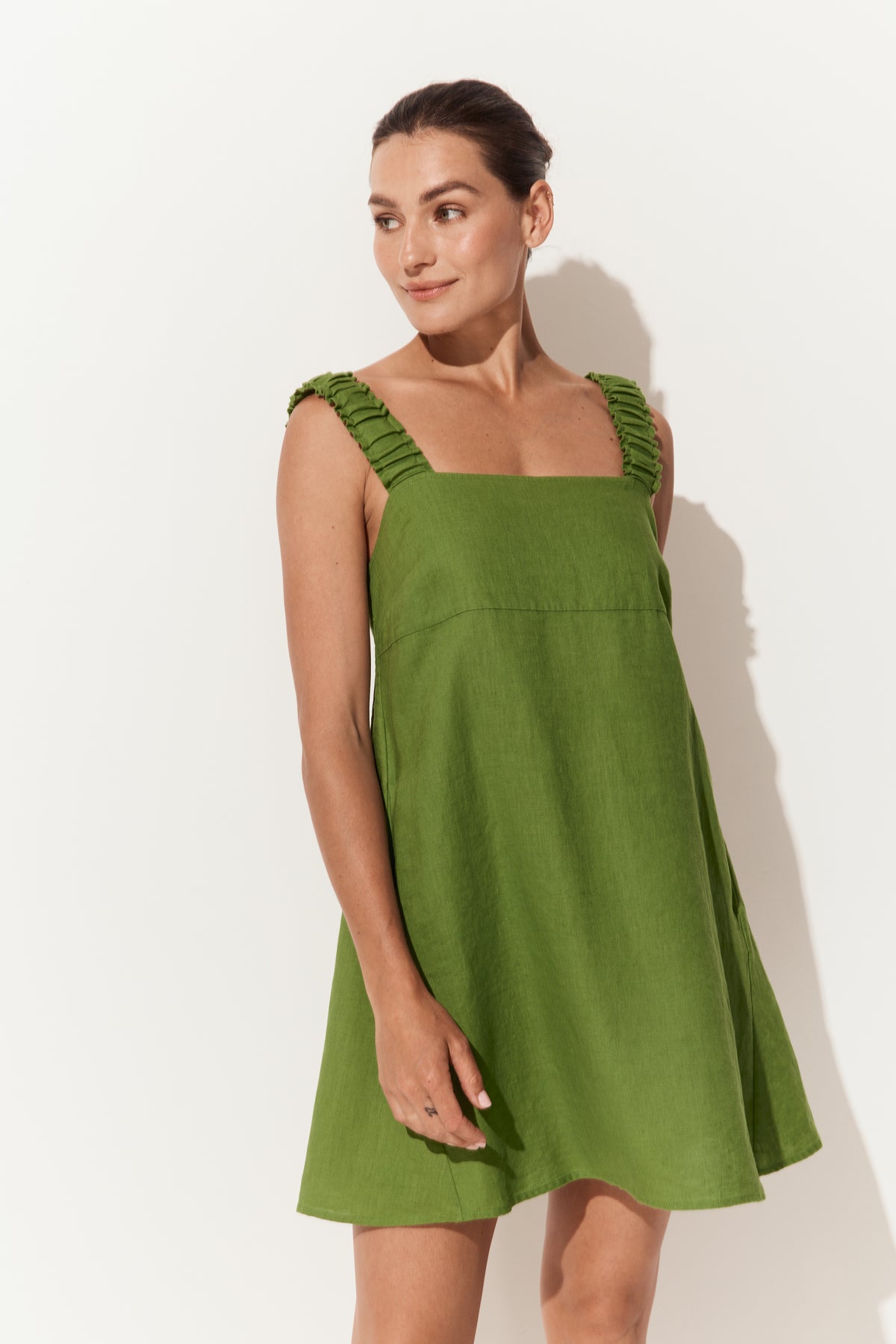 Zahra Linen Mini Dress in Lime Green - front view with ruched shoulder straps - Lilly Pilly Collection