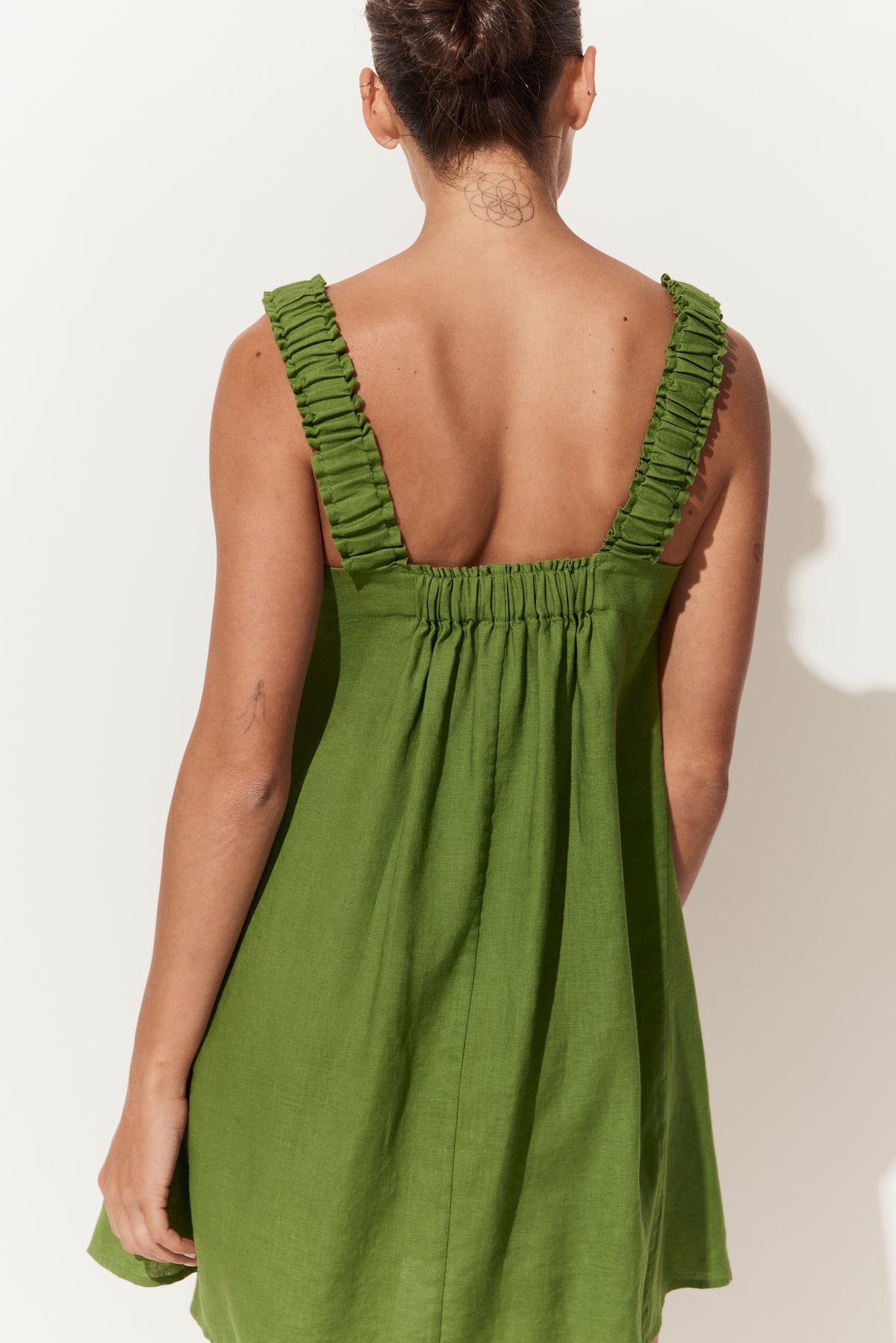 Zahra Linen Mini Dress in Lime Green - back view with ruched shoulder straps - Lilly Pilly Collection