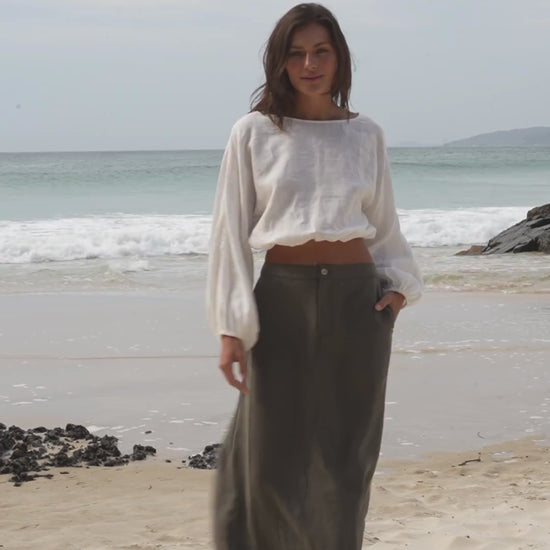LILLY PILLY Louisa linen top in Ivory with Gia skirt in Khaki