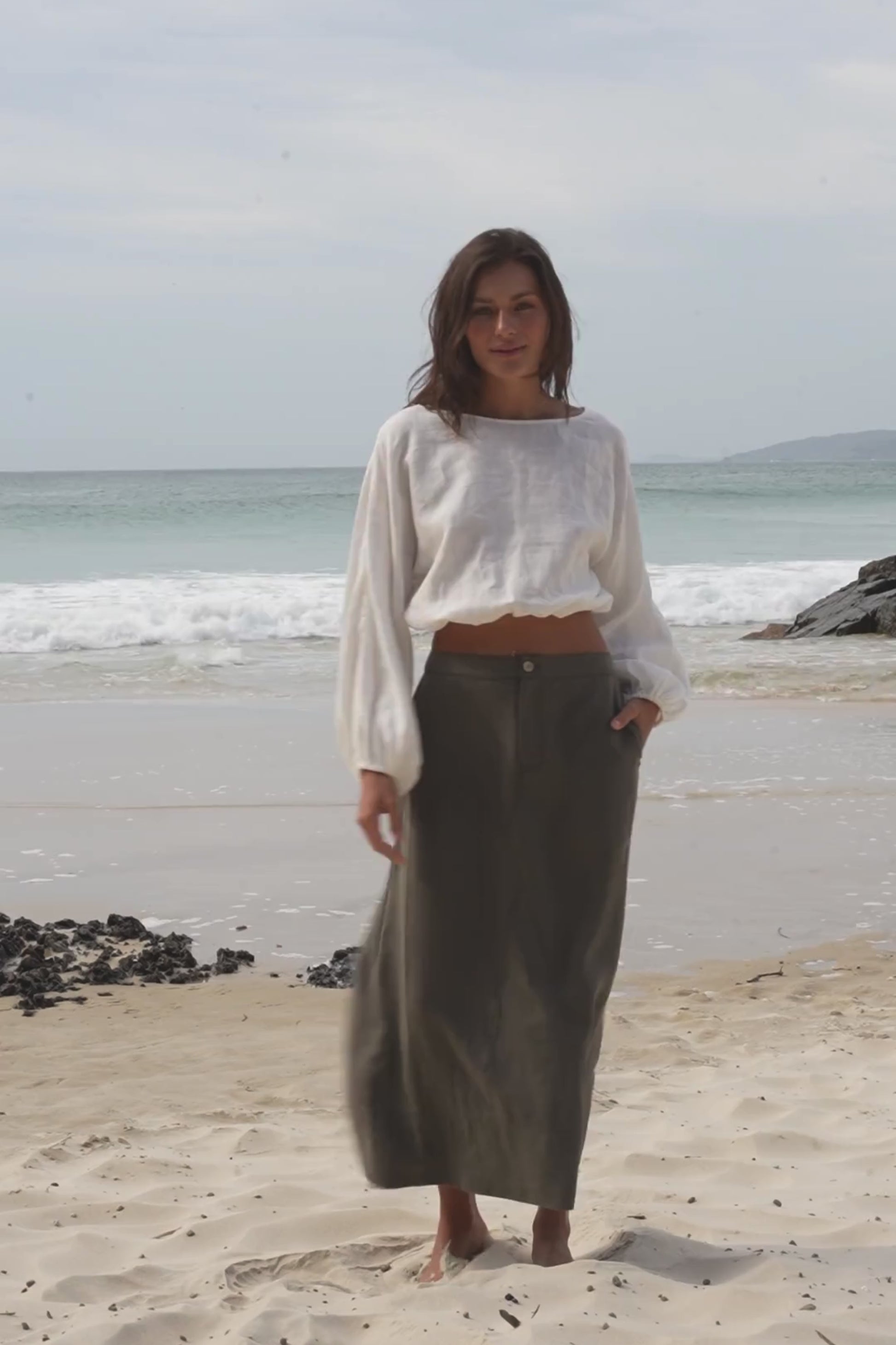 LILLY PILLY Louisa linen top in Ivory with Gia skirt in Khaki