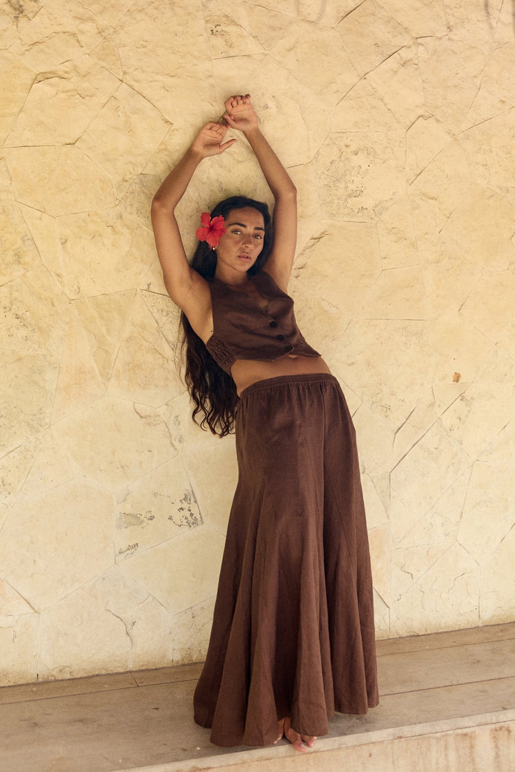 Ari Linen Vest in Chocolate - full front view paired with matching Riley linen skirt - Lilly Pilly Collection
